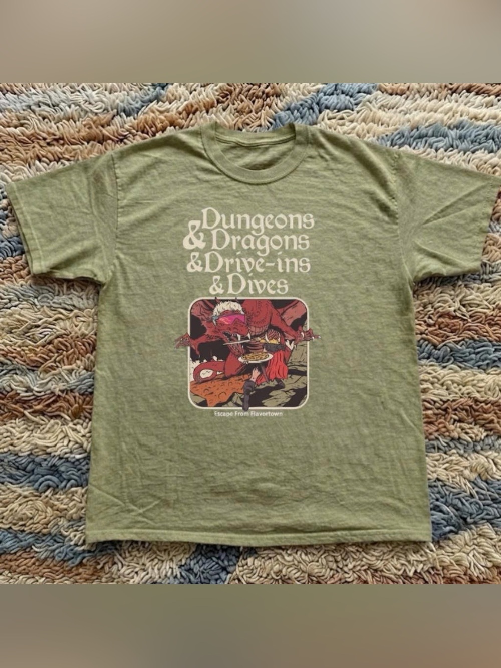 Vintage Sage Green Short Sleeve Tee with Retro Dungeons & Dragons Graphic
